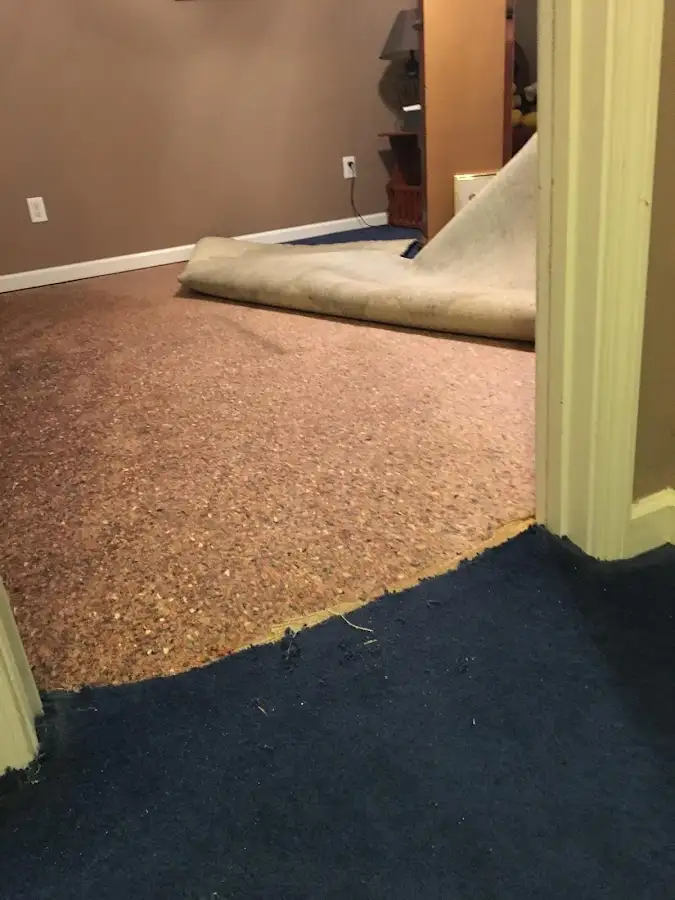 Carpet pad removal revealing water damage during Water Mitigation Services in Bacliff